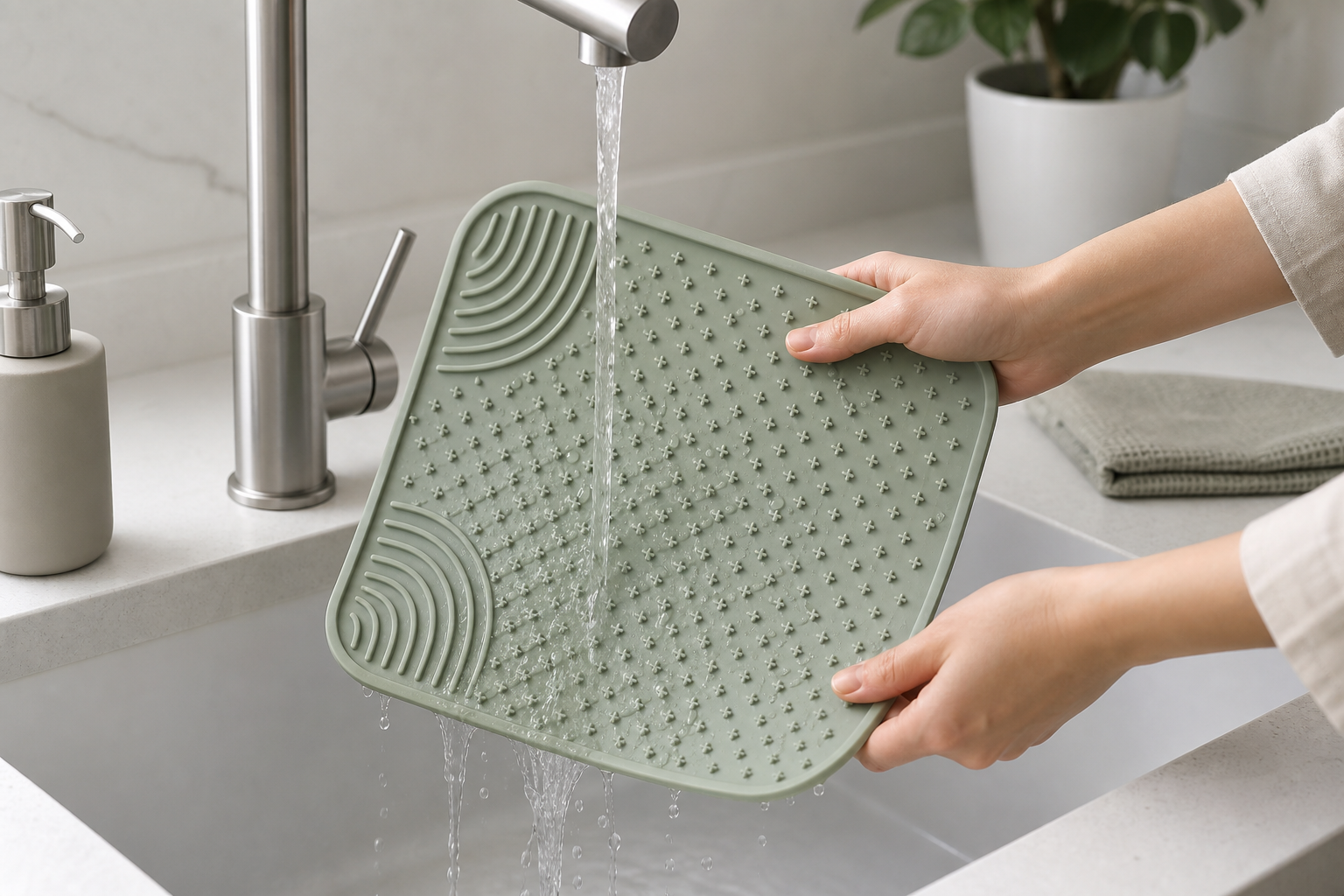 Silicone feeding mat being rinsed clean