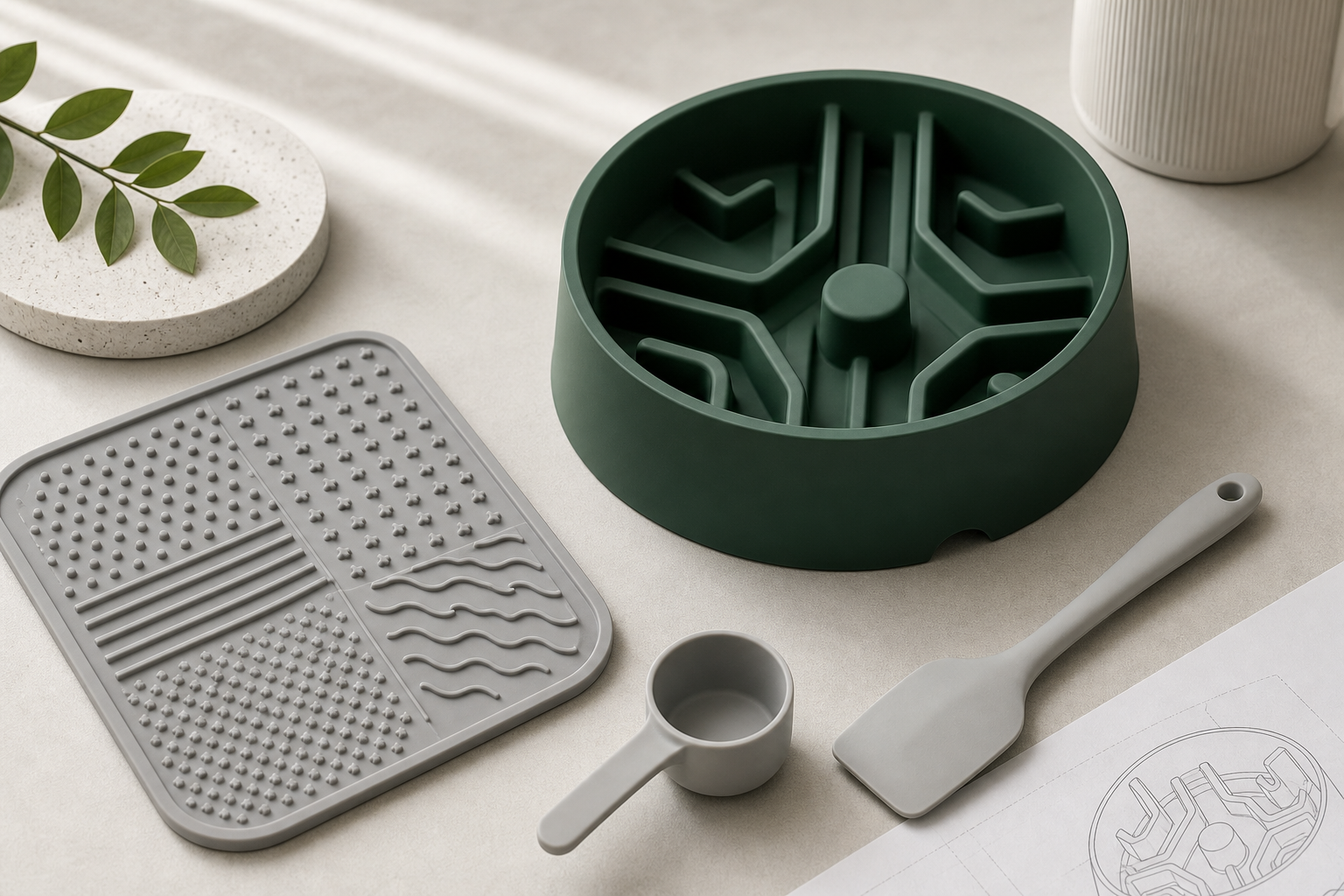 Premium silicone pet feeding products including a matte forest-green slow feeder bowl, a light gray silicone lick mat, and minimal feeding accessories arranged in a clean modern lifestyle kitchen setting with soft daylight