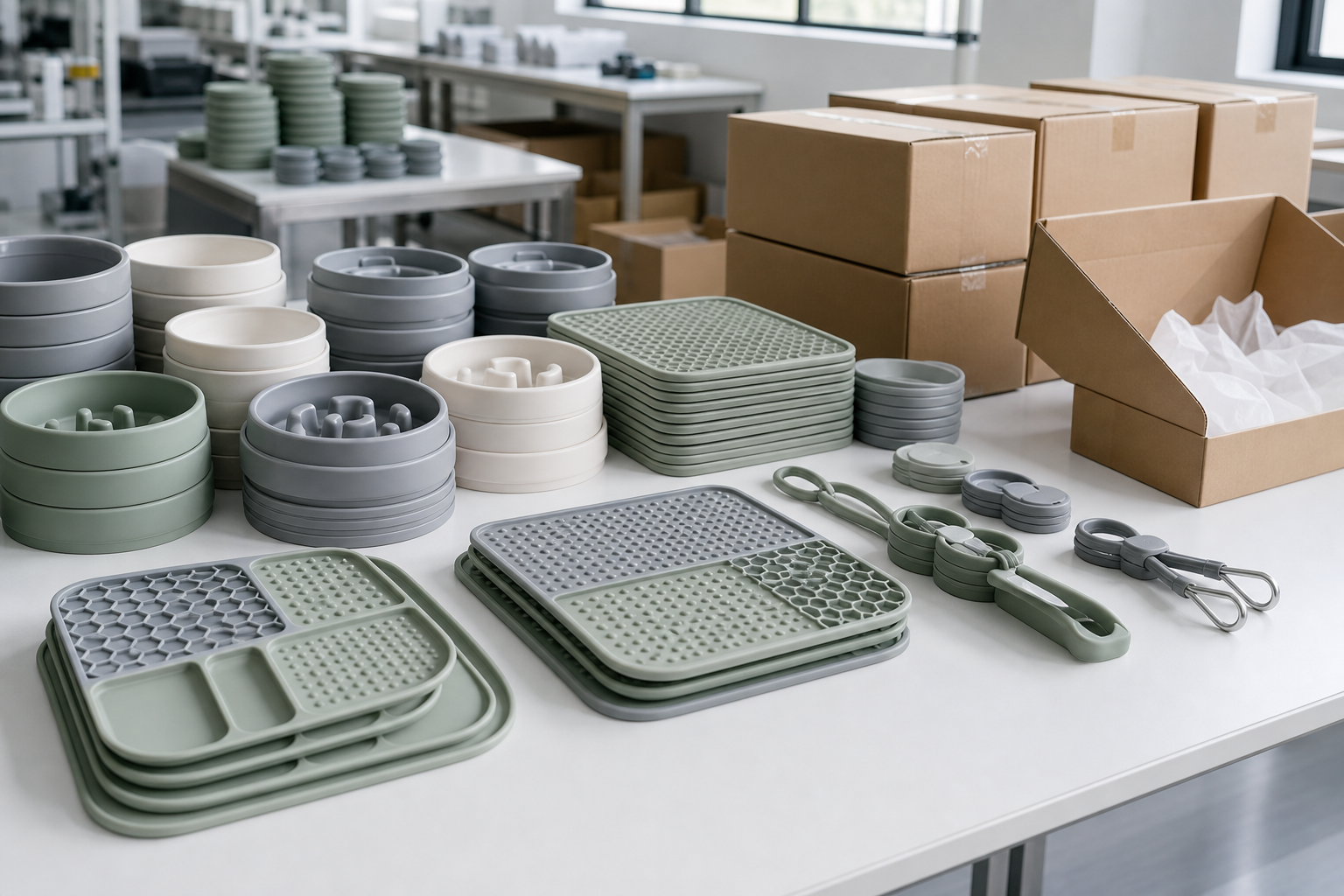 Finished silicone pet products arranged for final visual inspection in a clean packing area