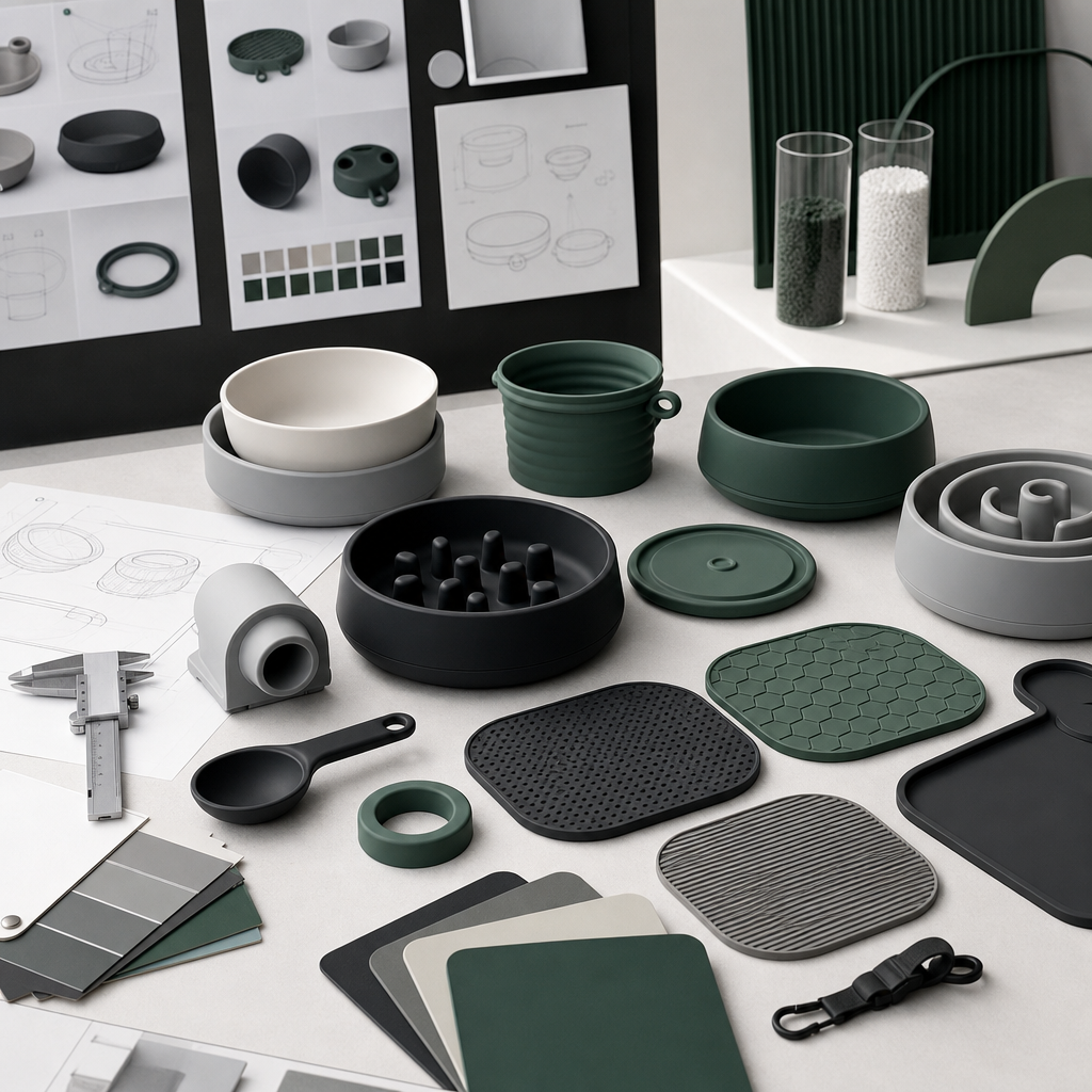 Premium collection of silicone lick mats, slow feeder bowls, and feeding accessories arranged on a clean studio tabletop with subtle manufacturing tools and material samples