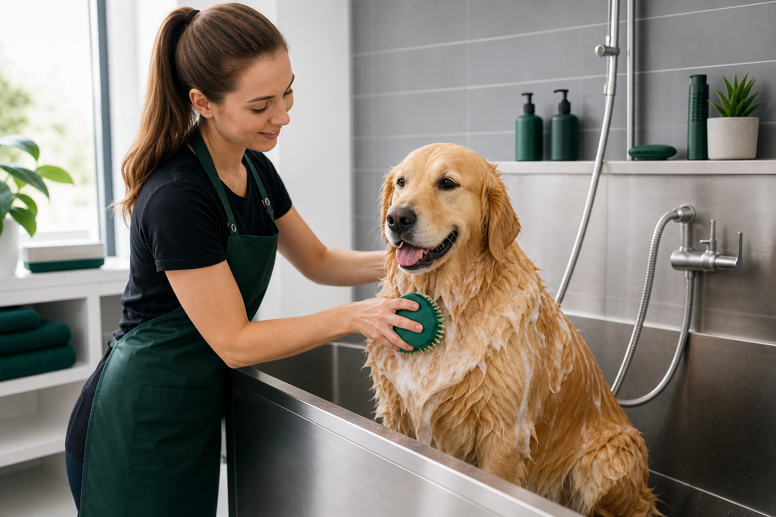 Professional groomer using a deep green silicone bath brush on a golden retriever in a bright wash station