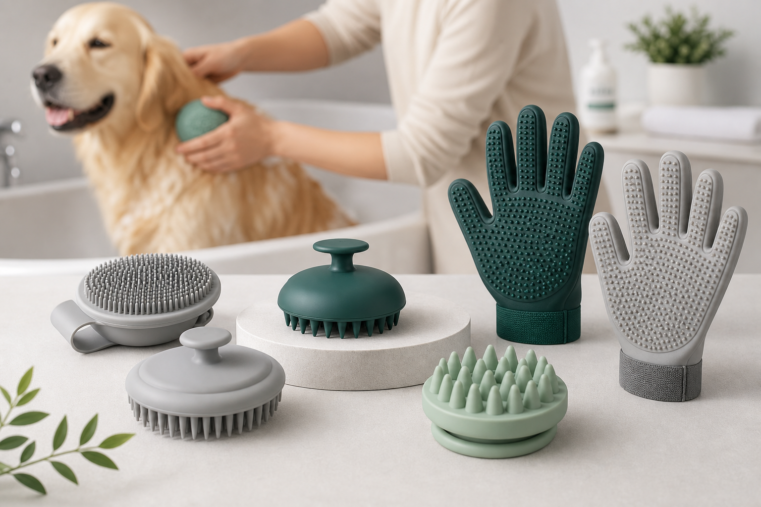 Premium silicone grooming products including bath brushes and grooming gloves arranged in a minimalist studio setting with a soft pet grooming lifestyle backdrop