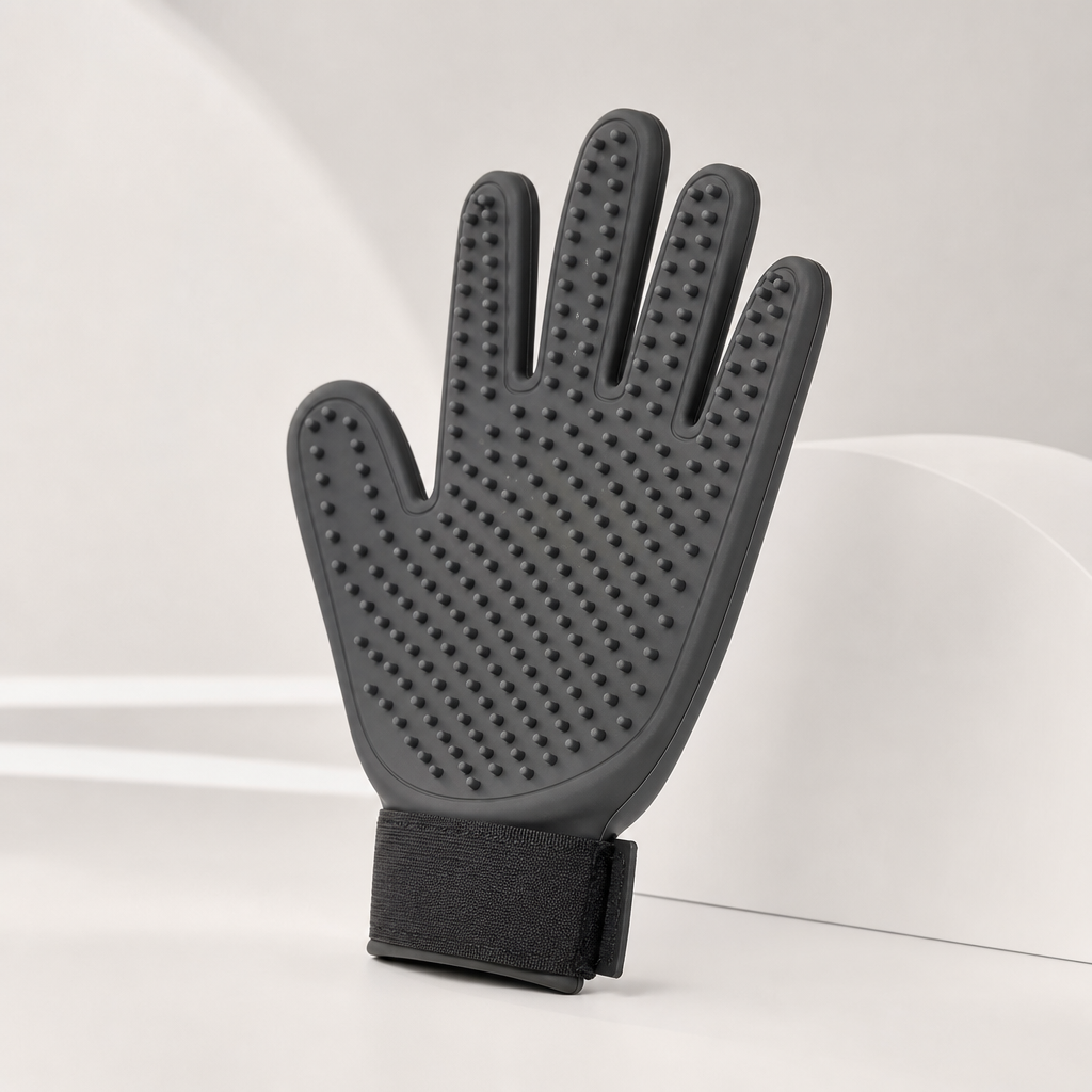 Charcoal silicone grooming glove with textured palm