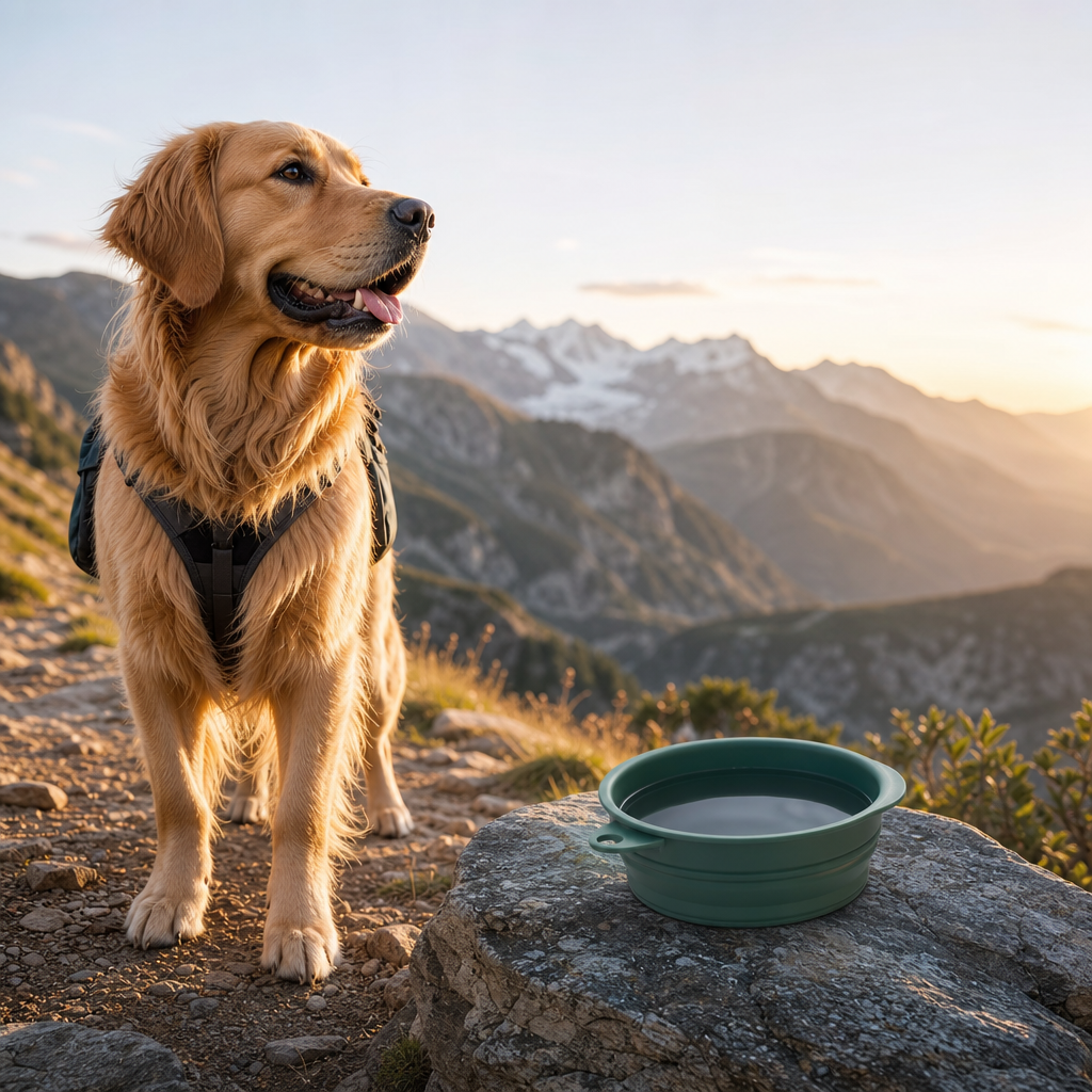 Dog hiking with silicone travel bowl on a mountain trail
