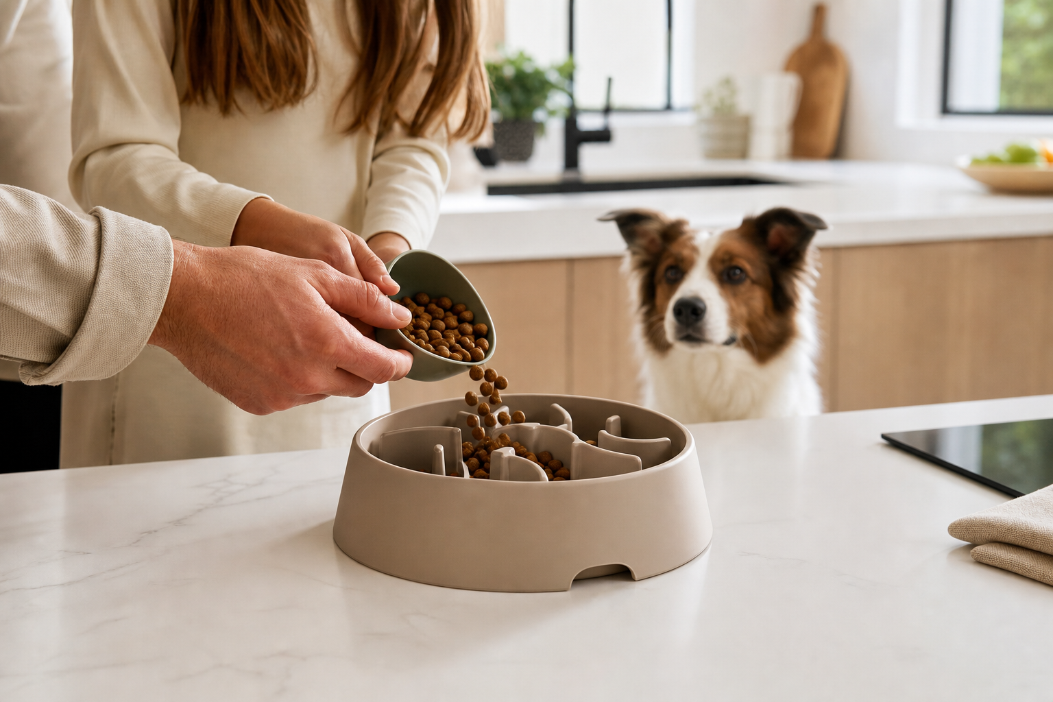 Home interaction scene with a family using a beige silicone slow feeder bowl on a clean kitchen island