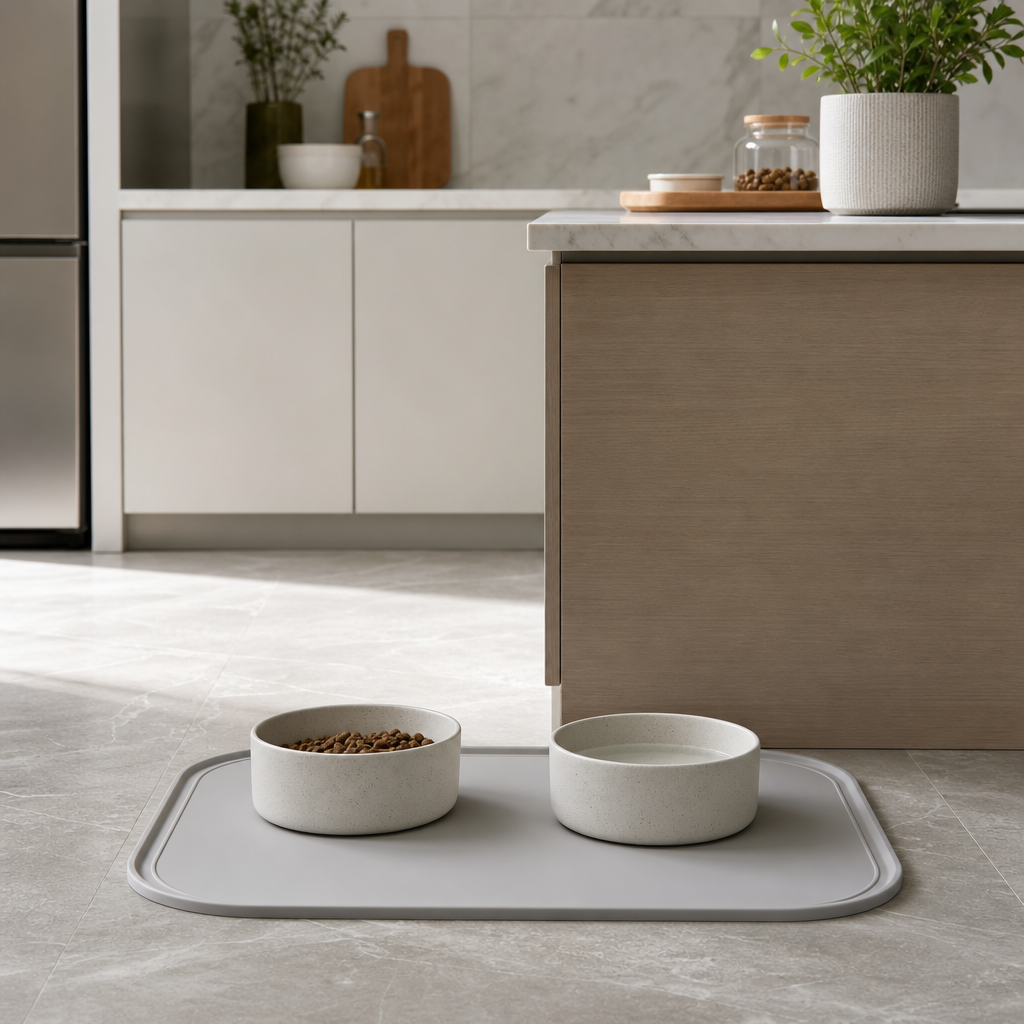 Kitchen pet area featuring silicone feeding mat