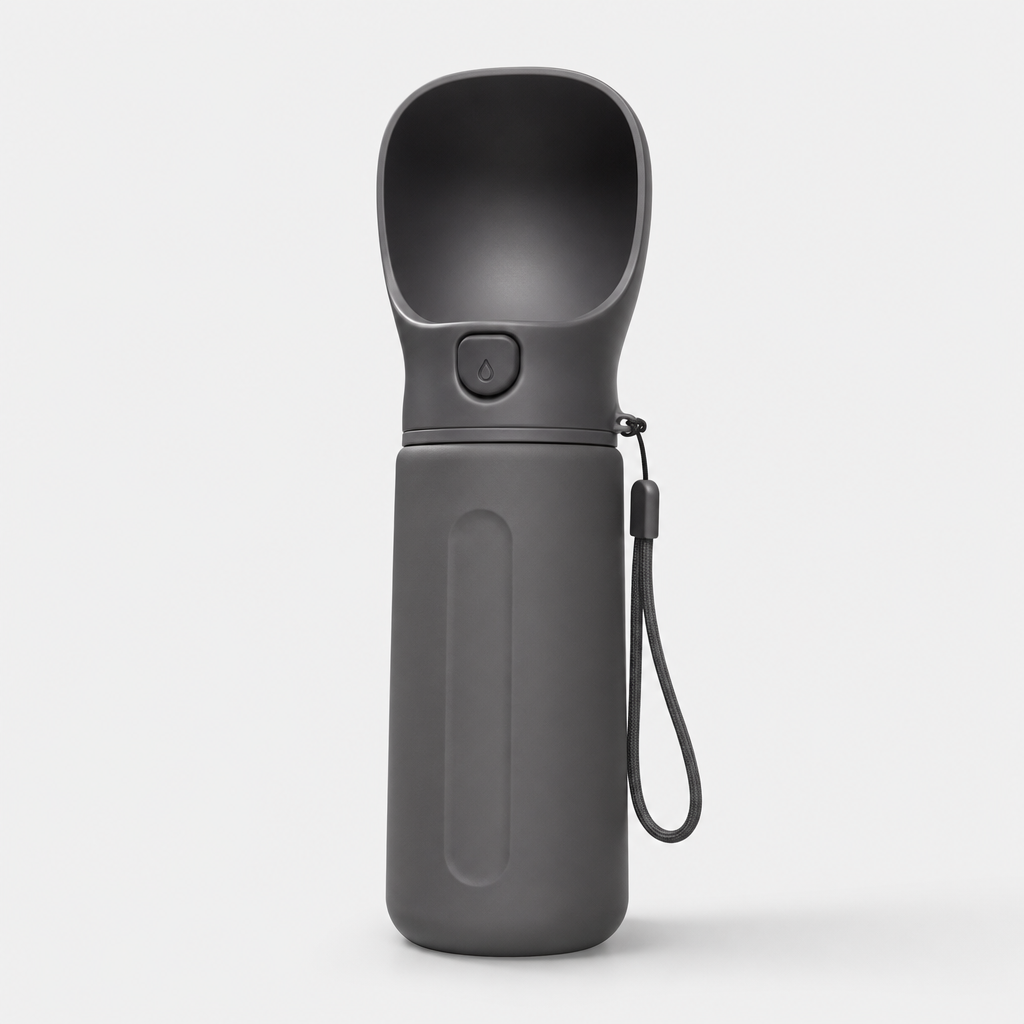 Matte silicone squeeze water bottle with integrated bowl lid in graphite