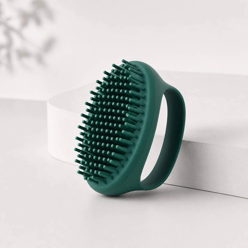 Deep green silicone massage brush with oval grip and dense bristles