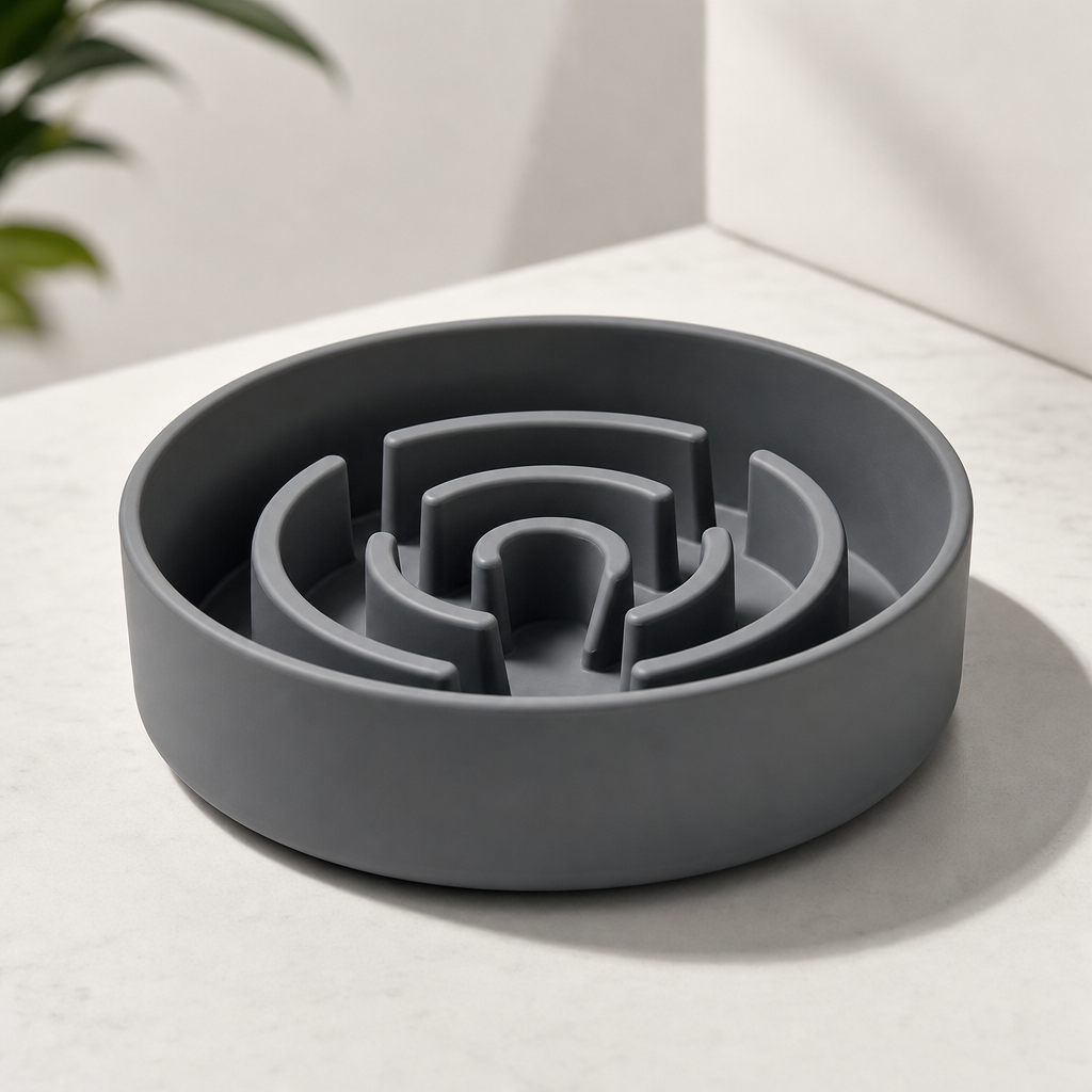 Maze-style silicone slow feeder bowl with raised channels