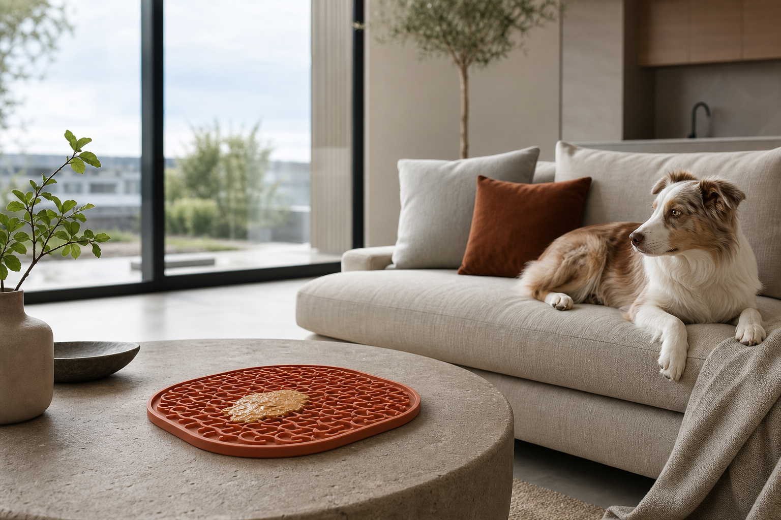 Modern living room with a terracotta silicone lick mat on a low coffee table and natural light