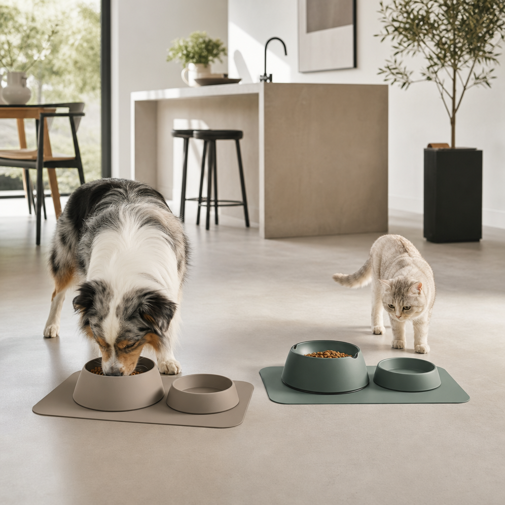 Multi-pet household feeding setup with silicone feeding mats