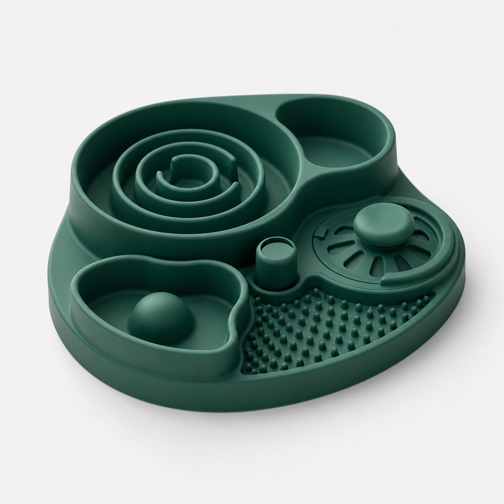 Multi-function silicone enrichment toy in deep green with layered compartments