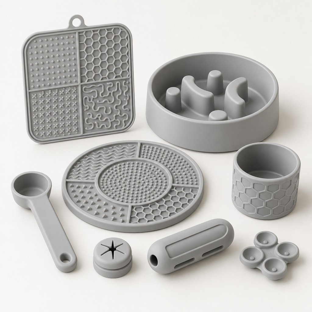 Custom silicone enrichment concept kit in light gray with modular parts