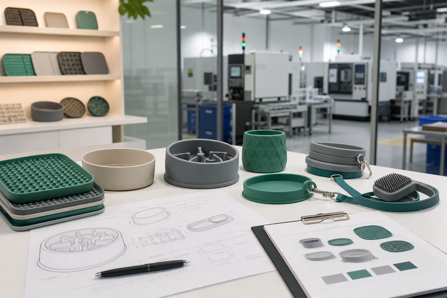 Premium silicone pet products with sample parts, design sketches, and a modern manufacturing workspace