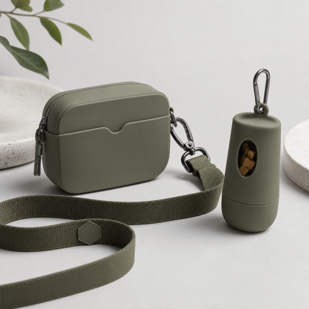 Premium silicone outdoor pet accessories including leash pouch and treat holder in muted olive
