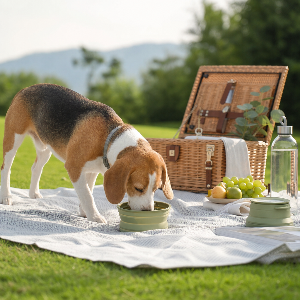 Outdoor picnic with dog using silicone feeding accessories