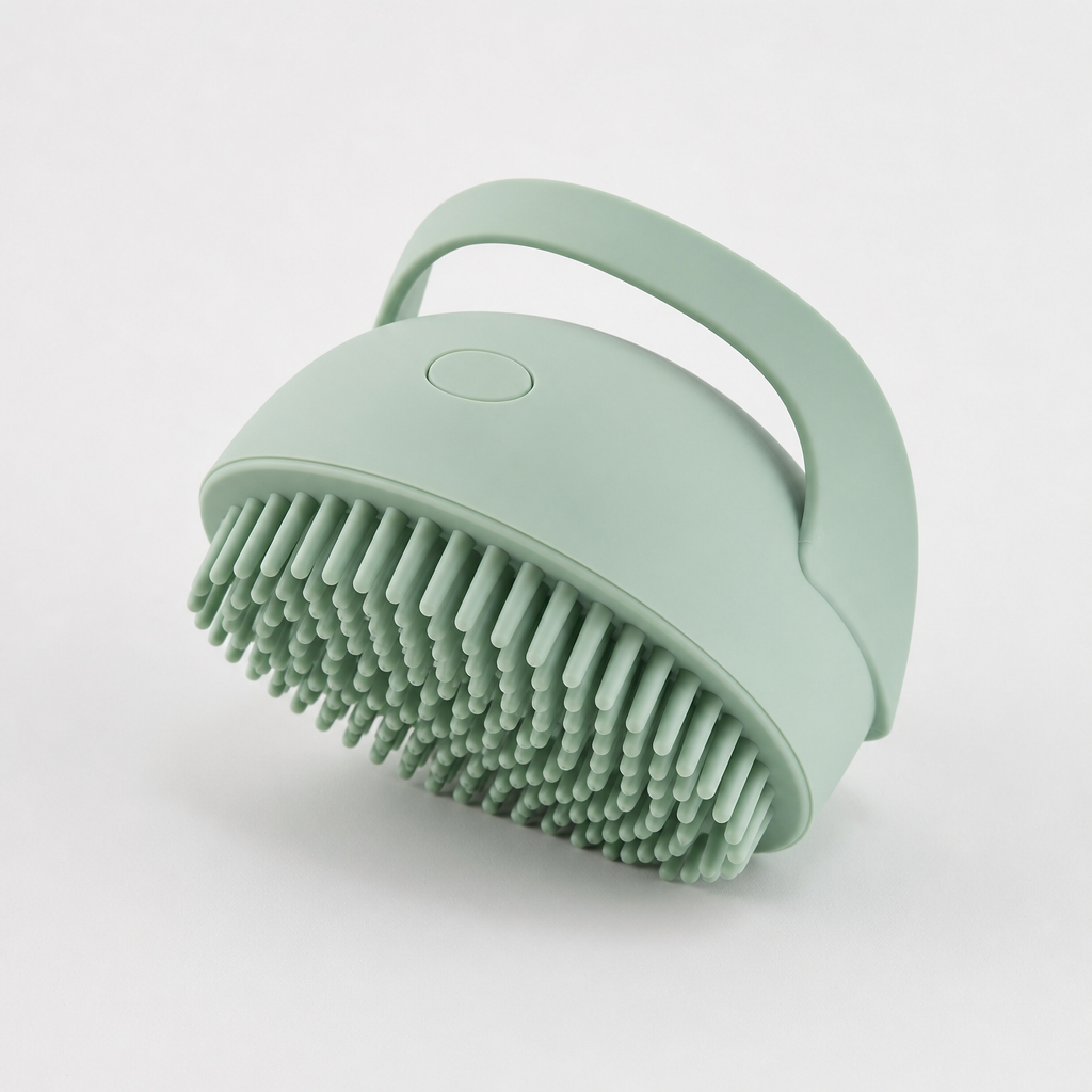 Soft green silicone pet bath brush with ergonomic grip
