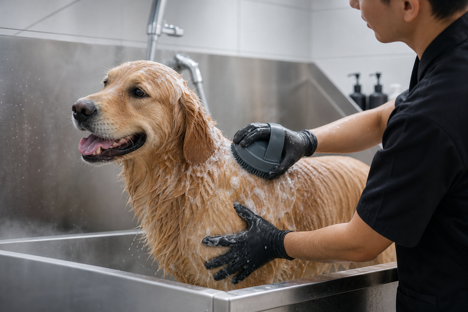 Professional pet bathing with silicone grooming tools