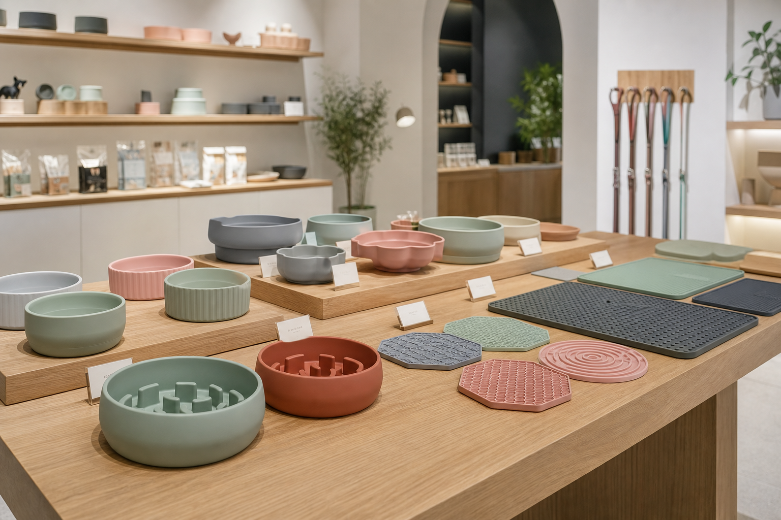 Premium pet boutique display with pastel silicone bowls and mats arranged on a wood retail table