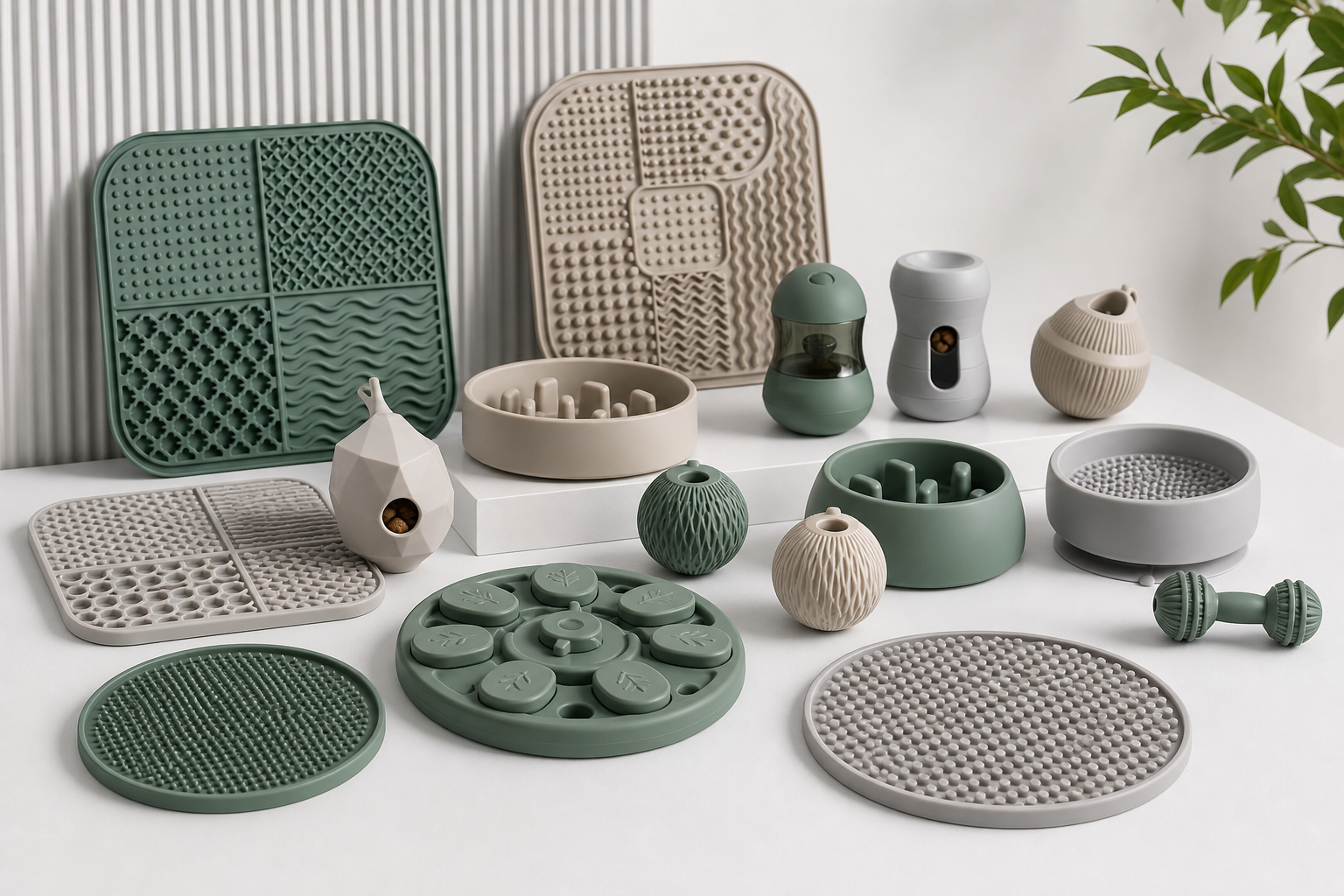 Premium showroom-style collection of silicone pet enrichment products including lick mats, treat puzzle mats, treat dispensers, sniffing toys, interactive feeding toys, chew enrichment toys, training toys, and enrichment bowls arranged on a clean studio surface