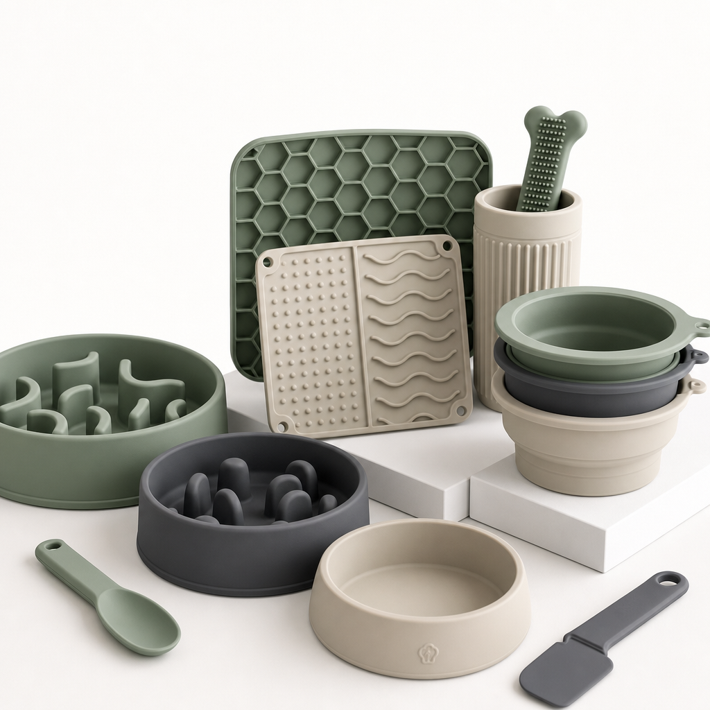 Assorted silicone enrichment toys in muted green, stone, and charcoal