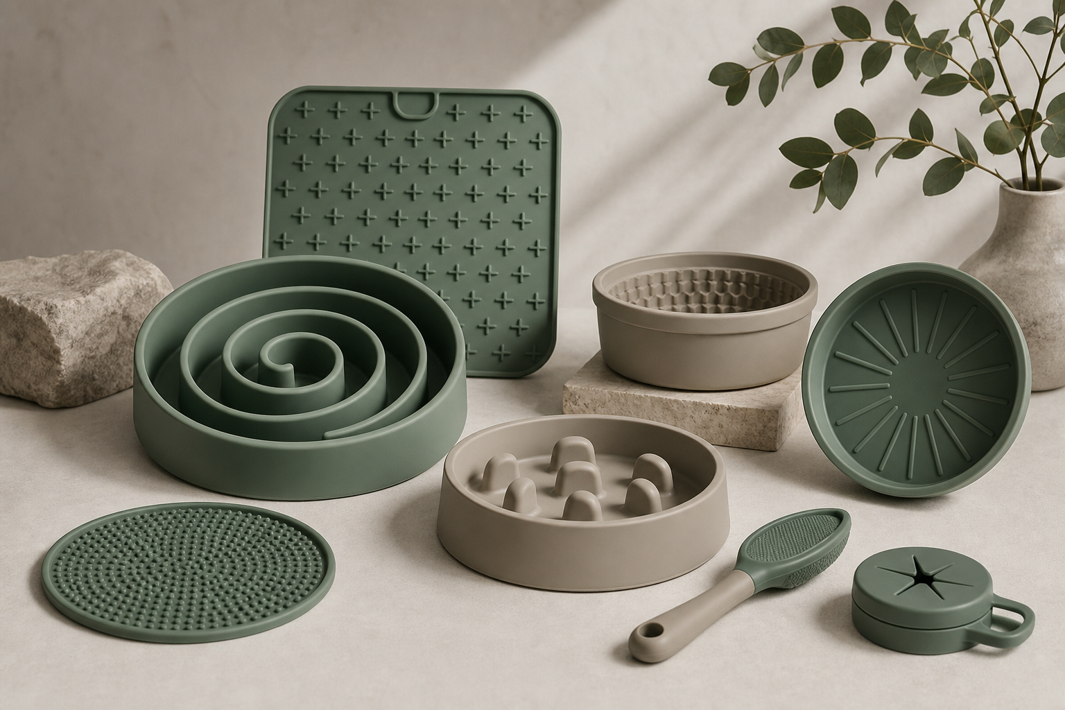 Collection of premium silicone enrichment tools in muted green and stone tones, arranged neatly on a minimalist surface