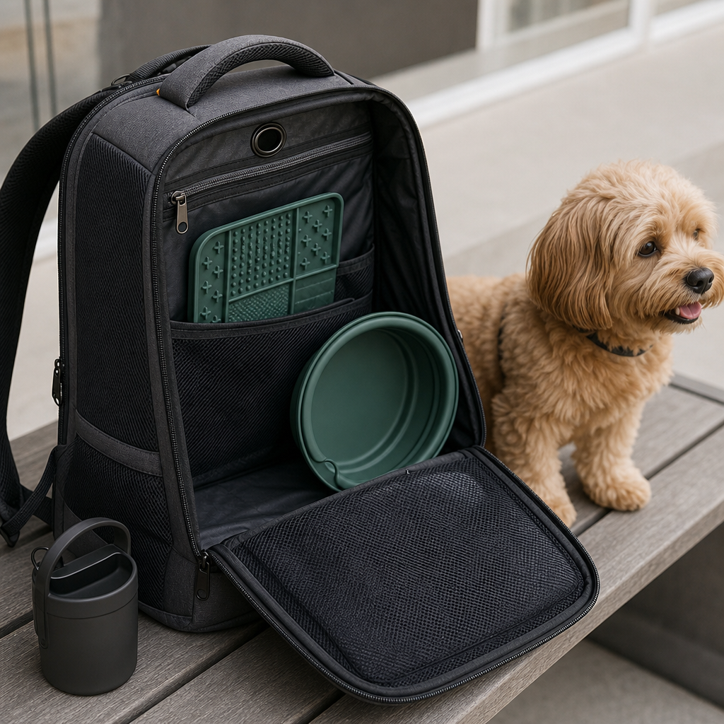 Pet travel backpack with silicone bowl and accessories