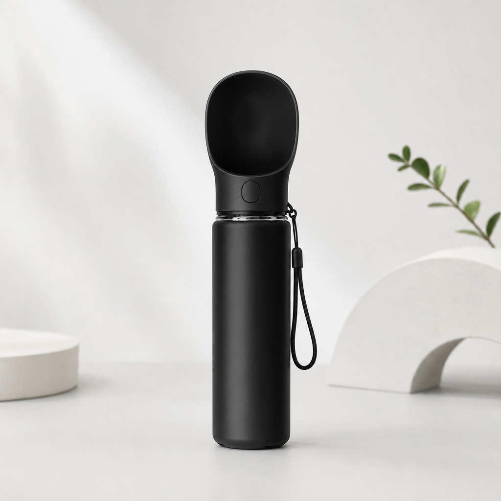 Slim black portable pet water bottle with silicone bowl cap
