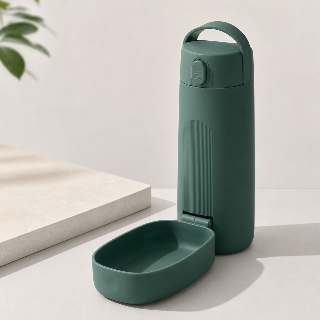 Minimalist portable silicone pet water bottle in deep green with integrated bowl and matte texture