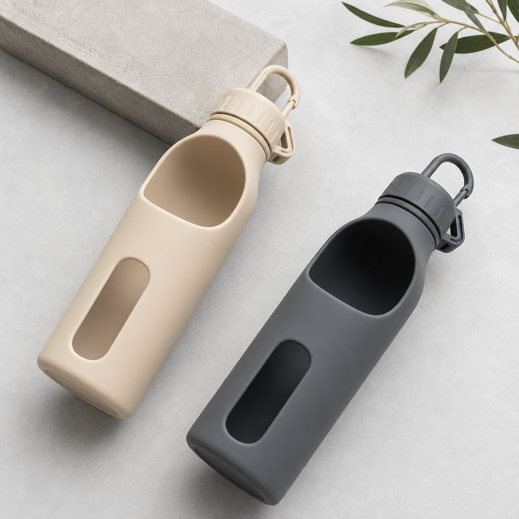 Minimalist silicone portable pet water bottles in sand beige and graphite with clip lids