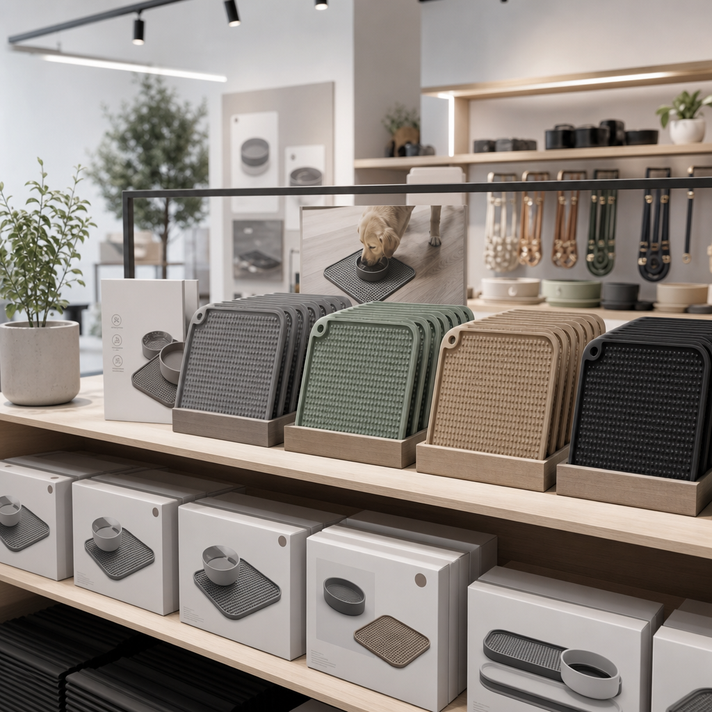 Premium pet store display featuring silicone feeding mats