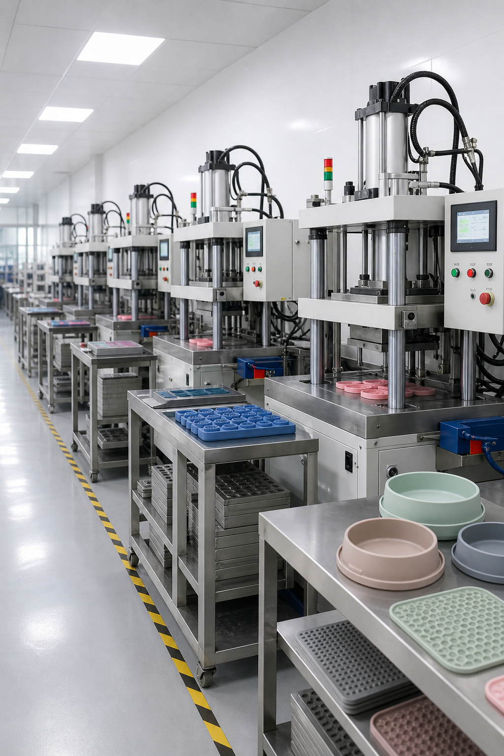 Modern silicone molding production line with clean machinery and organized workflows
