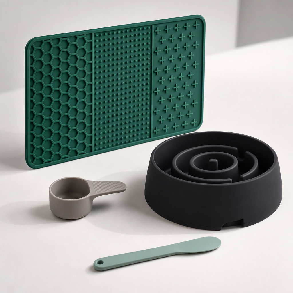 Premium silicone pet products including lick mats, slow feeder bowls, and feeding accessories arranged on a clean studio surface
