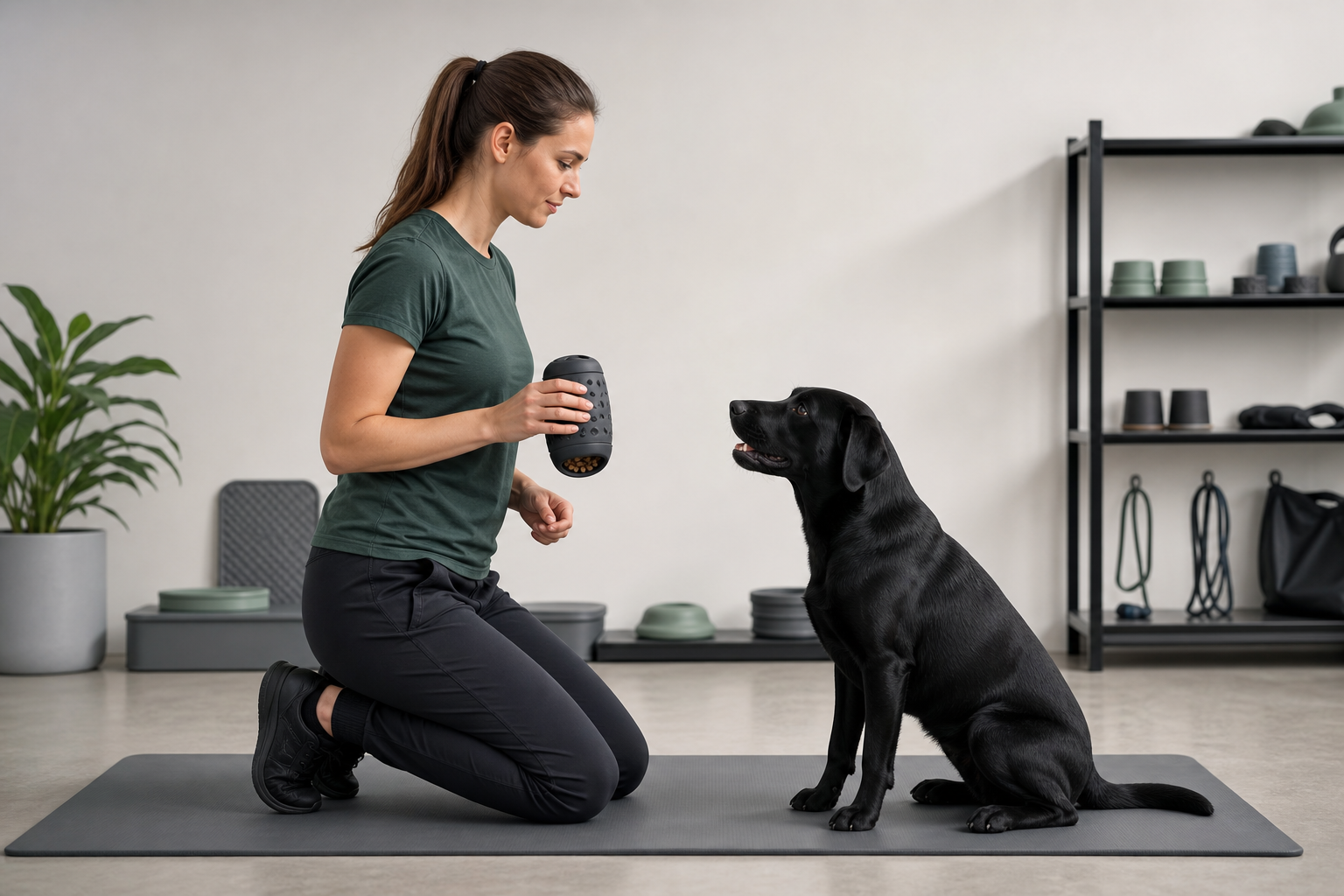 Professional dog trainer using a charcoal silicone treat dispenser on a clean training mat