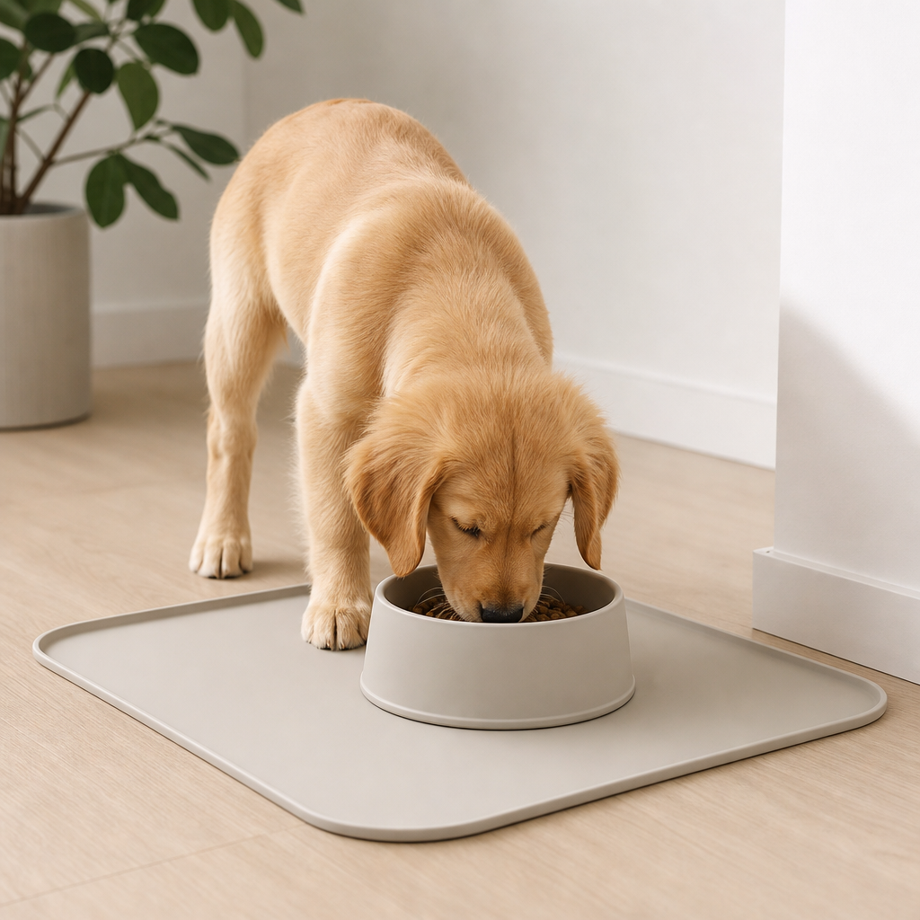 Puppy feeding on a silicone feeding mat