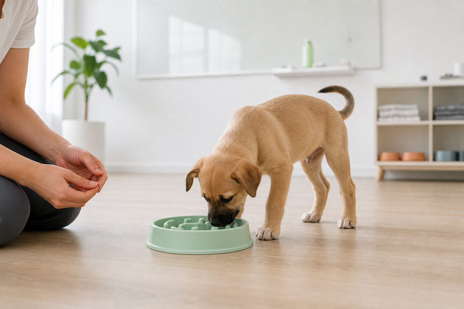 Young puppy learning with a mint-green silicone slow feeder bowl in a bright training room