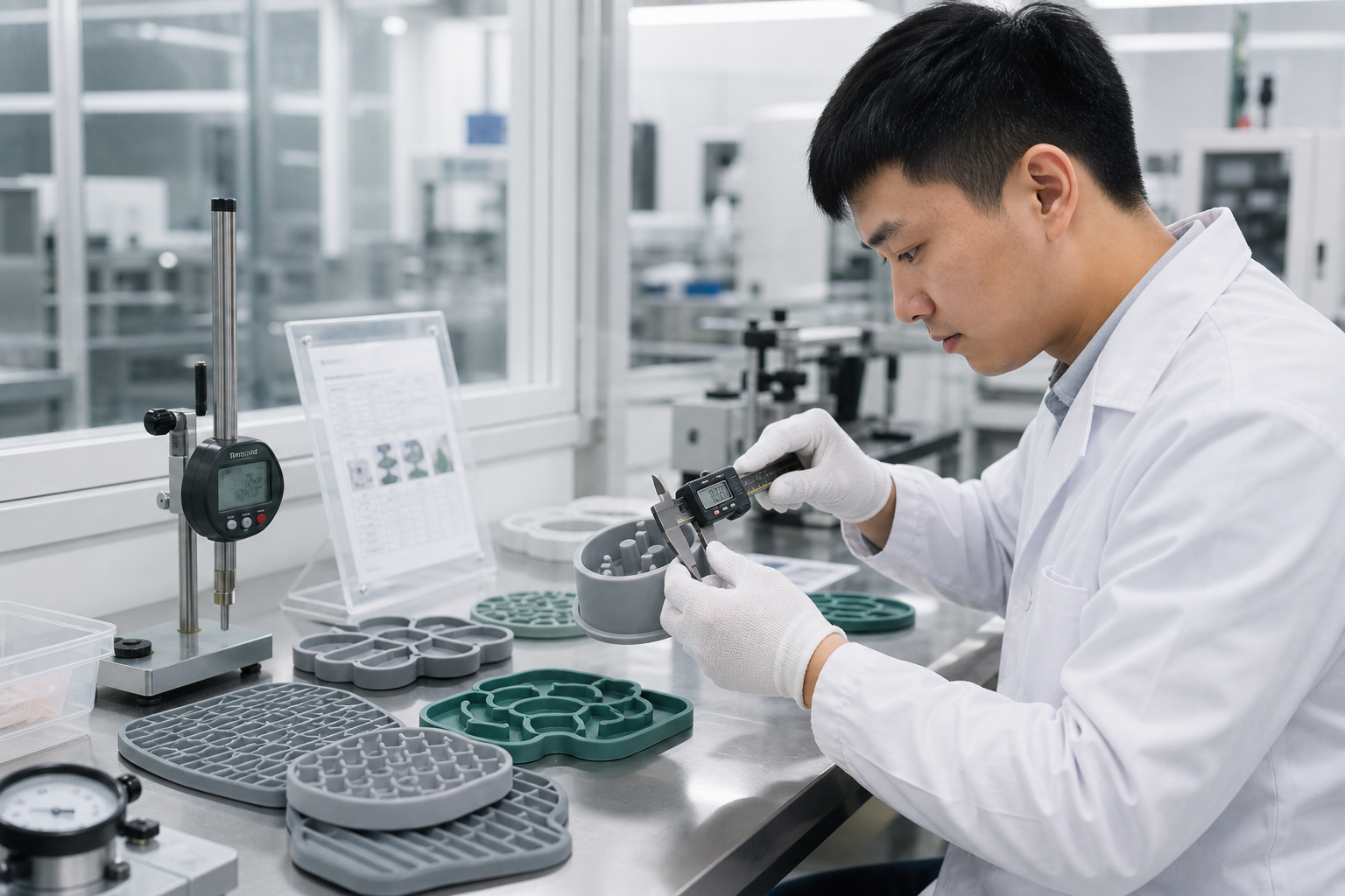 Focused QC engineer using calipers and gauges to measure premium silicone pet products beside inspection equipment in a bright modern factory