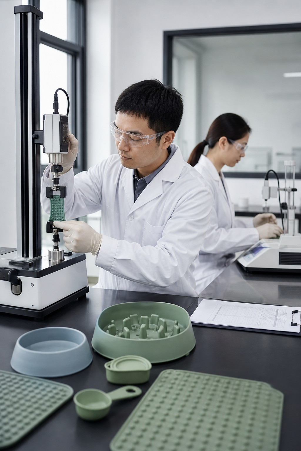 Quality engineers performing durability and safety tests on silicone pet products