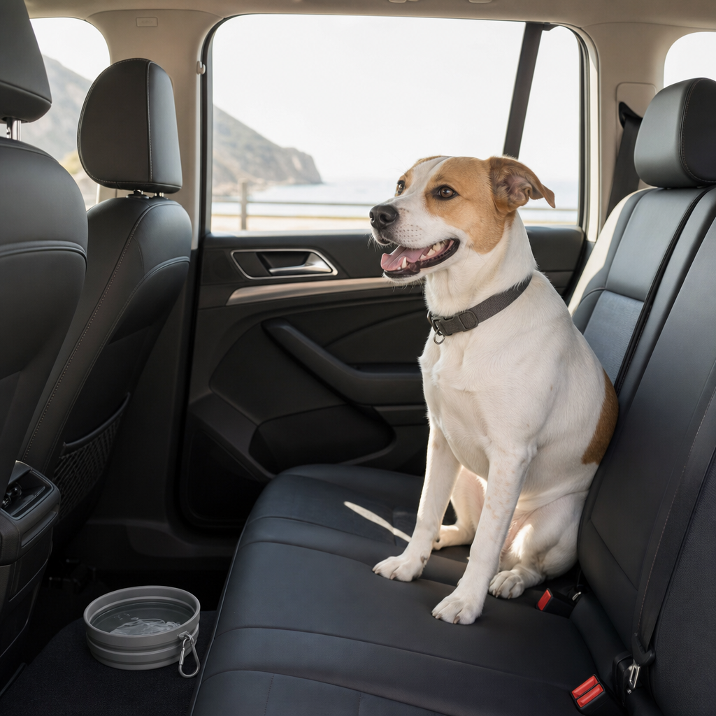 Dog in car during road trip with portable silicone bowl