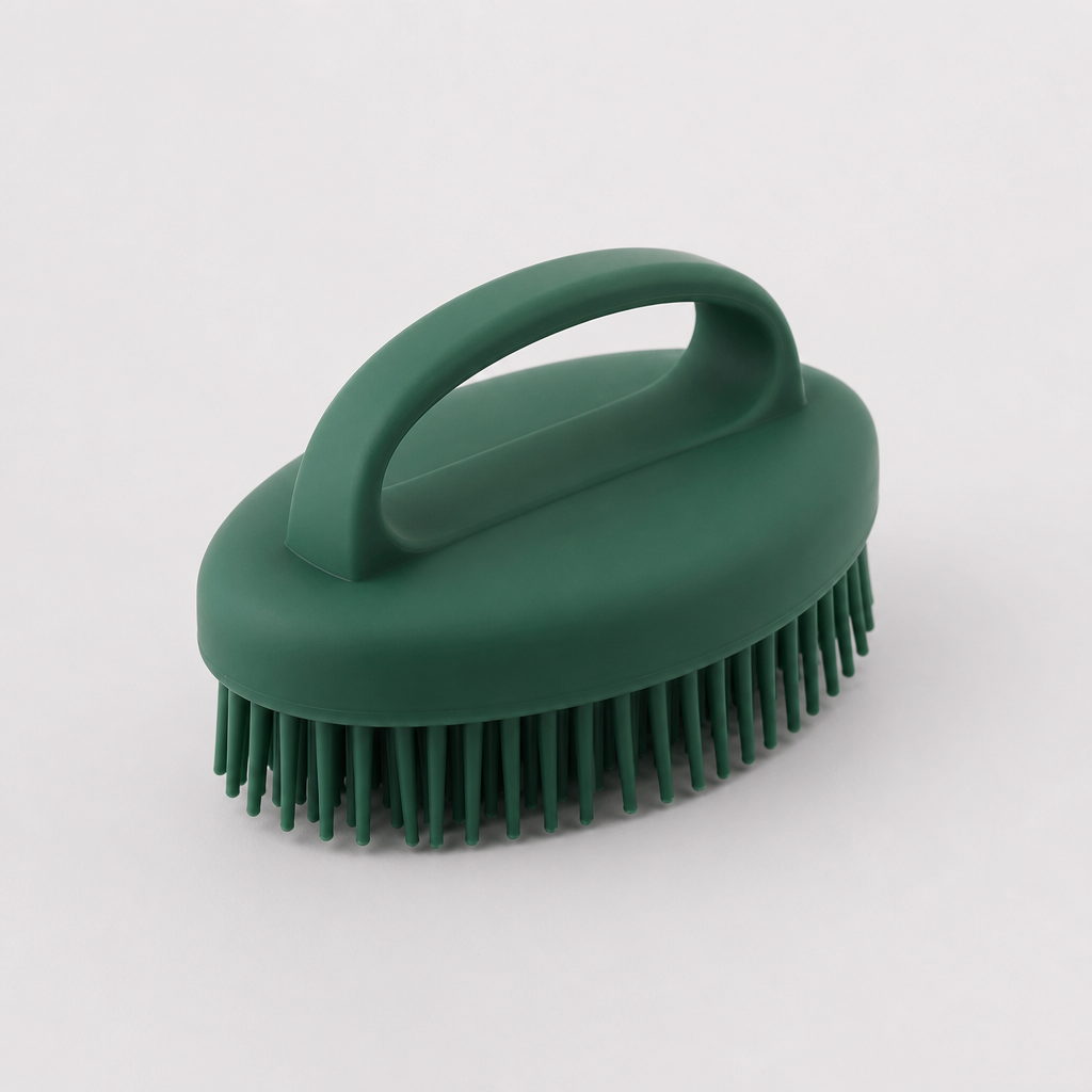 Ergonomic deep-green silicone bath brush with flexible bristles and oval grip