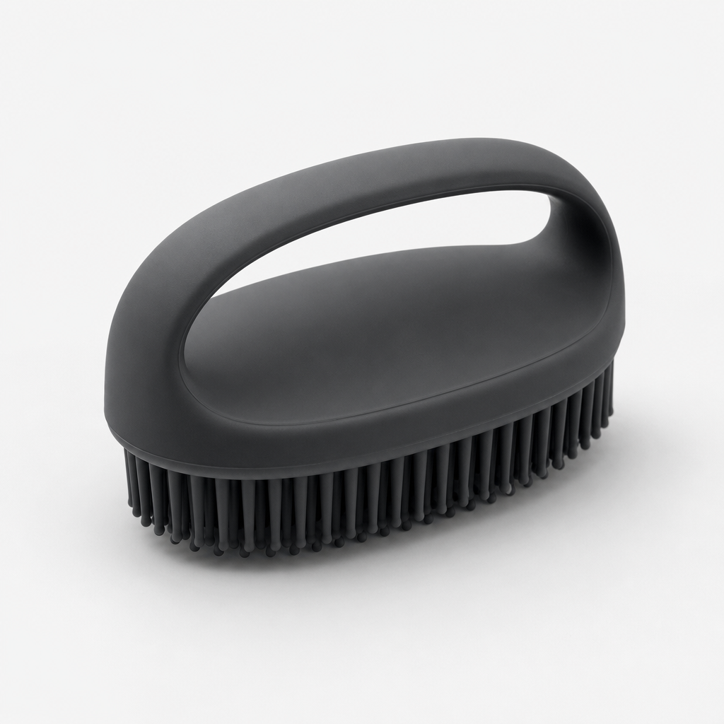 Matte charcoal silicone bath brush with flexible bristles and ergonomic handle