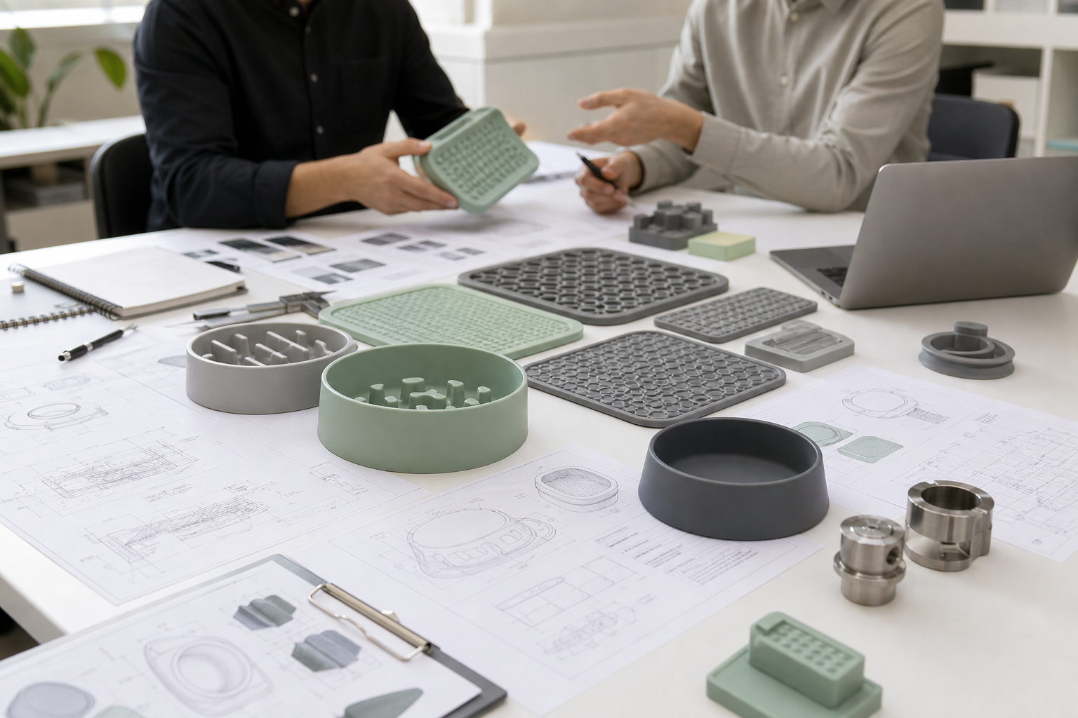 Premium silicone pet product prototypes, CAD drawings, tooling samples, and engineering documents on a modern development desk with a team discussion in soft natural light