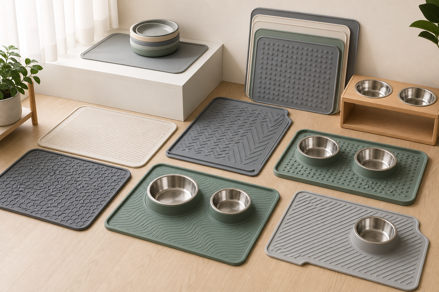Premium silicone feeding mats collection scene with rectangular mats, bowl placement mats, raised-edge mats, textured silicone surfaces, and a modern pet feeding setup
