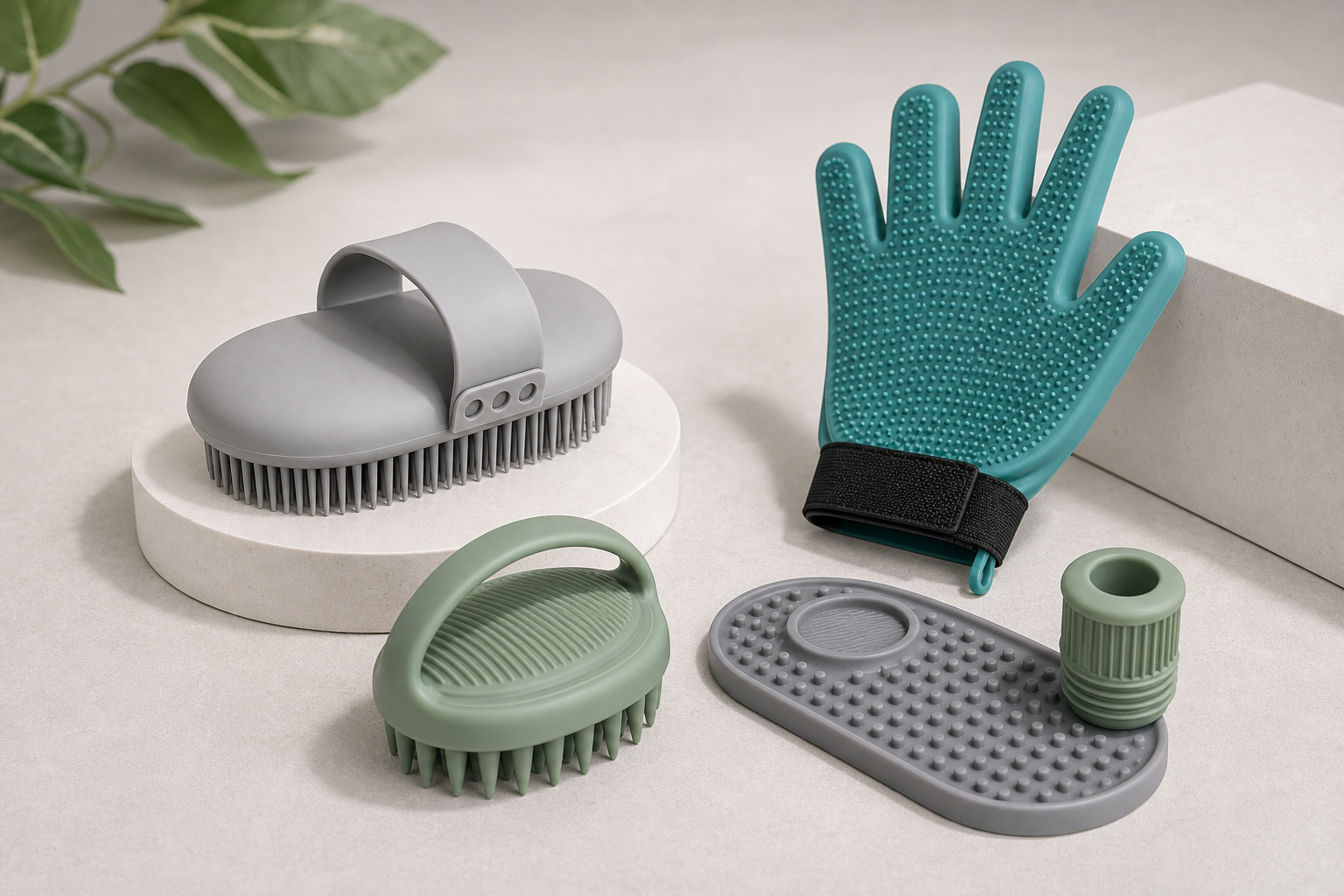 Premium silicone grooming collection scene with bath brushes, grooming gloves, massage brushes, and cleaning accessories arranged neatly on a neutral studio surface