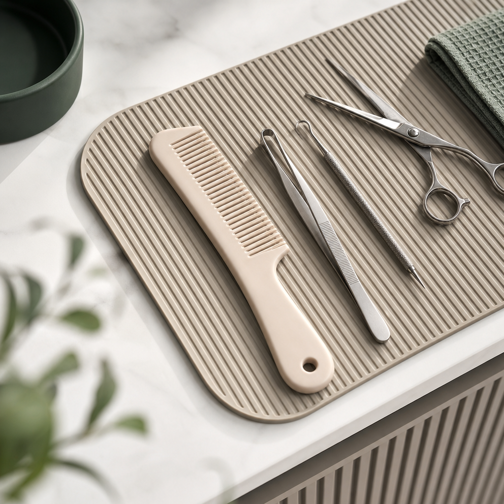 Minimalist grooming table with a beige silicone comb and stainless tools arranged on a textured mat