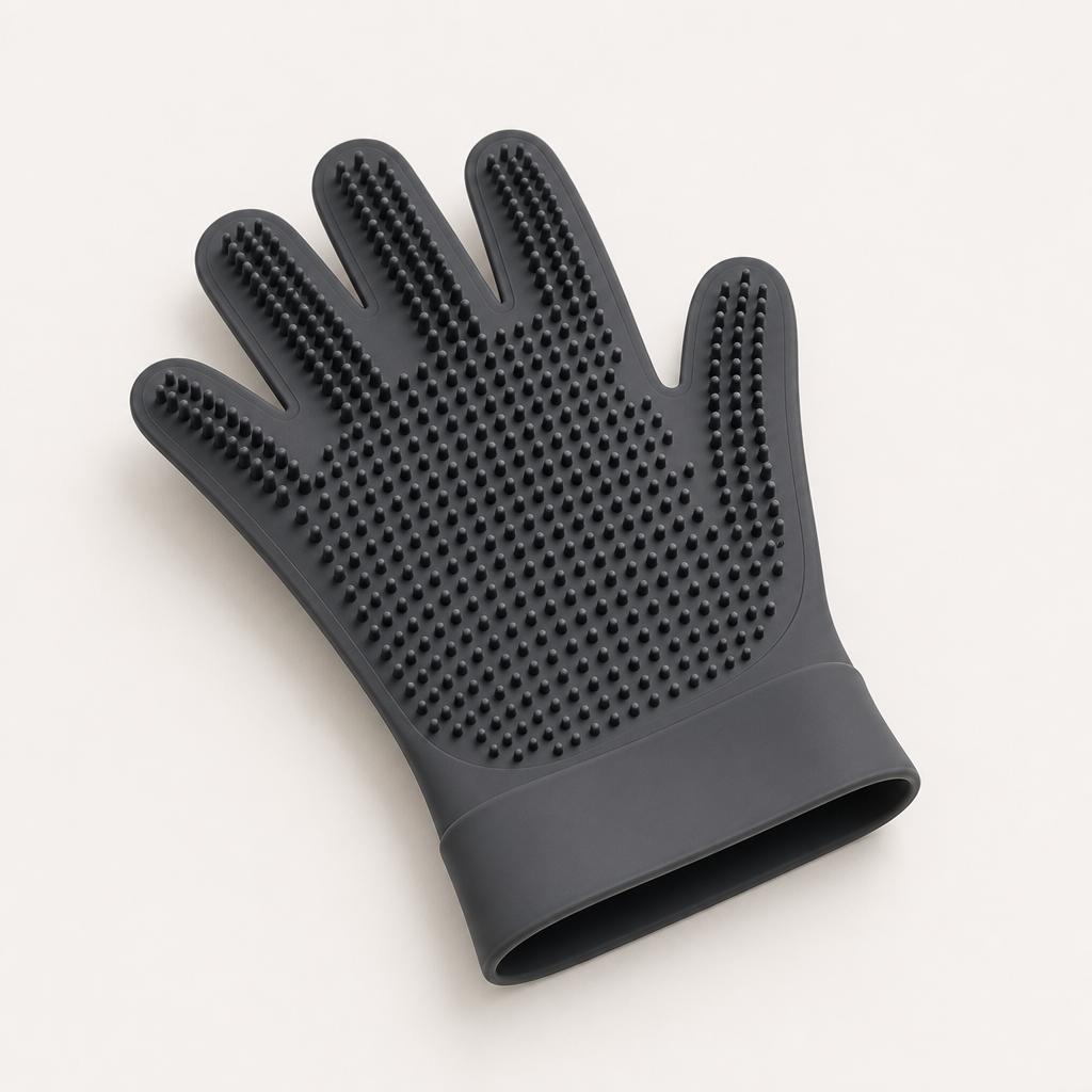 Charcoal-gray silicone grooming glove with textured massage nubs