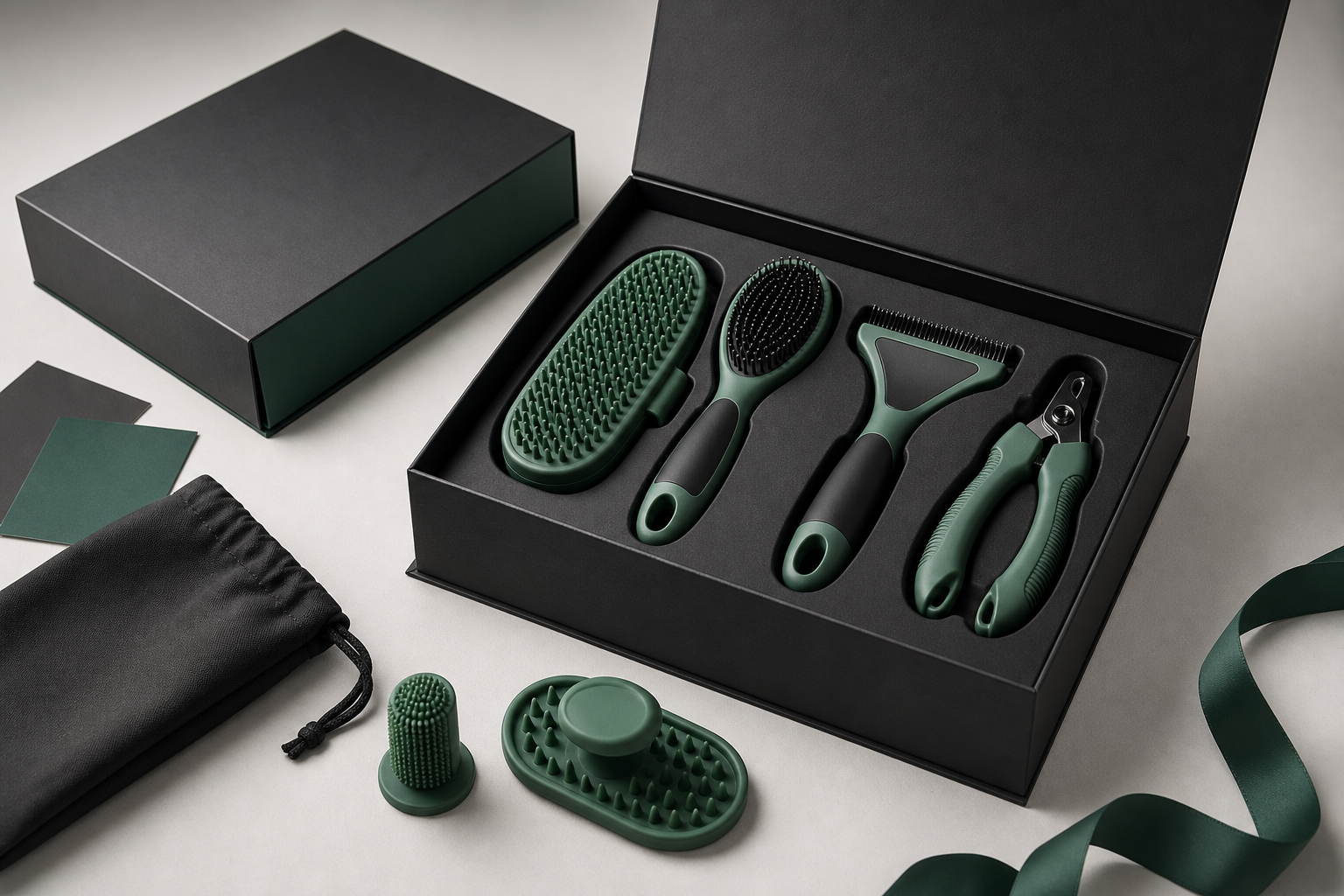 Premium private-label silicone grooming kit packaging in black and deep green with tools arranged neatly