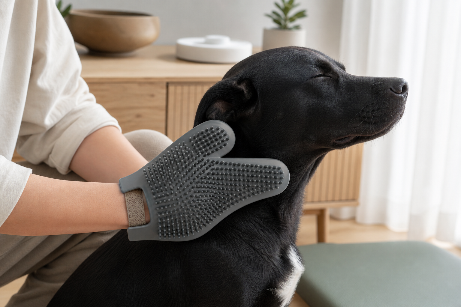 Close-up of a gray silicone grooming mitt being used on a short-haired black dog in a modern home