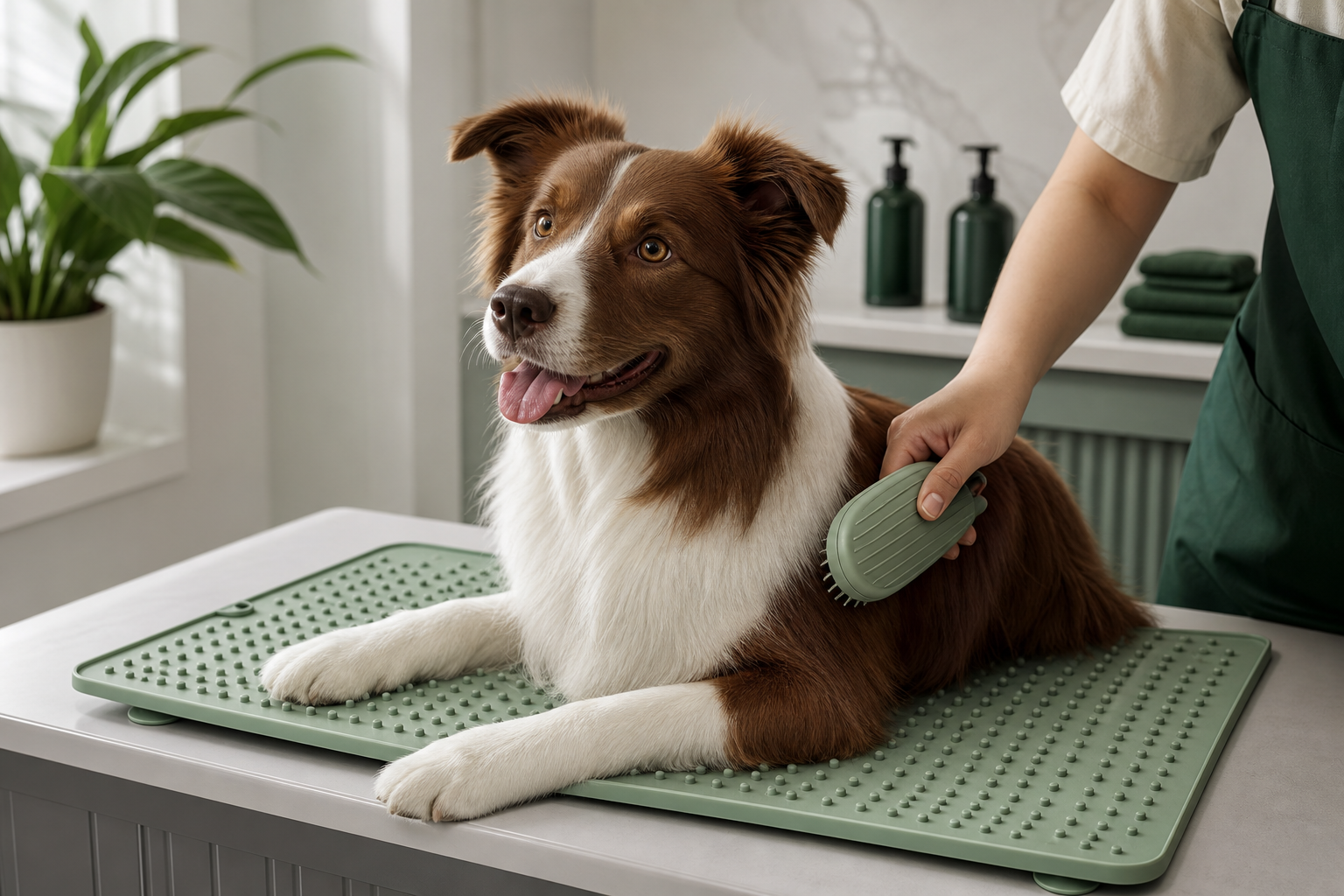 A soft sage silicone suction grooming mat holding a medium-sized dog during brushing
