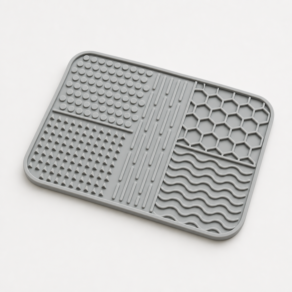Food-grade silicone lick mat in soft stone gray with textured grooves